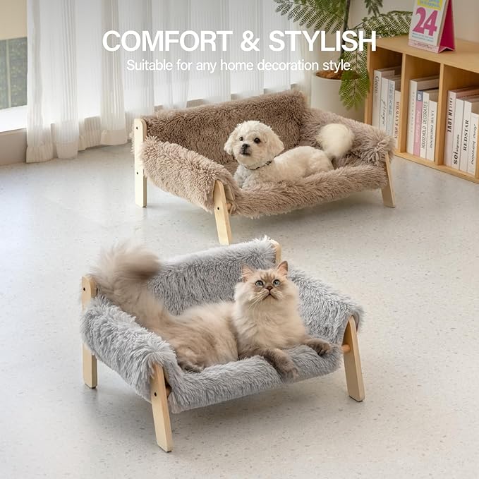 MEWOOFUN Cat Couch Bed, Pet Sofa for Indoor Cats Wooden Indoor Elevated Cat Beds with Removable Mattress Cover Suitable for Kitty, Puppy or Small Animal (Grey, Medium)