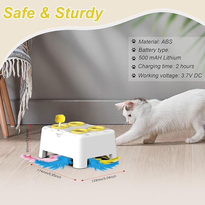 Cat Toys, Interactive Cat Toys, 2-in-1 Moving Concealed Feathers, 4 Holes Mice Whack A Mole Cat Kitten Toy Exercise Toys for Indoor Bored Adult Cats, USB Rechargeable Electronic Kitten Toys (White)