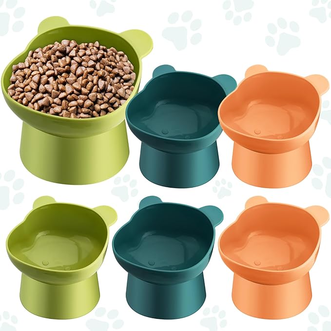 Hsei 6 Pcs Raised Cat Food Bowls 15 Degrees Elevated Pet Bowls Anti Vomiting Tilted Raised Whisker Friendly Raised Cat Dish Plastic Slanted Stand for Indoor Pet Food Water Feeder(Cute Color)