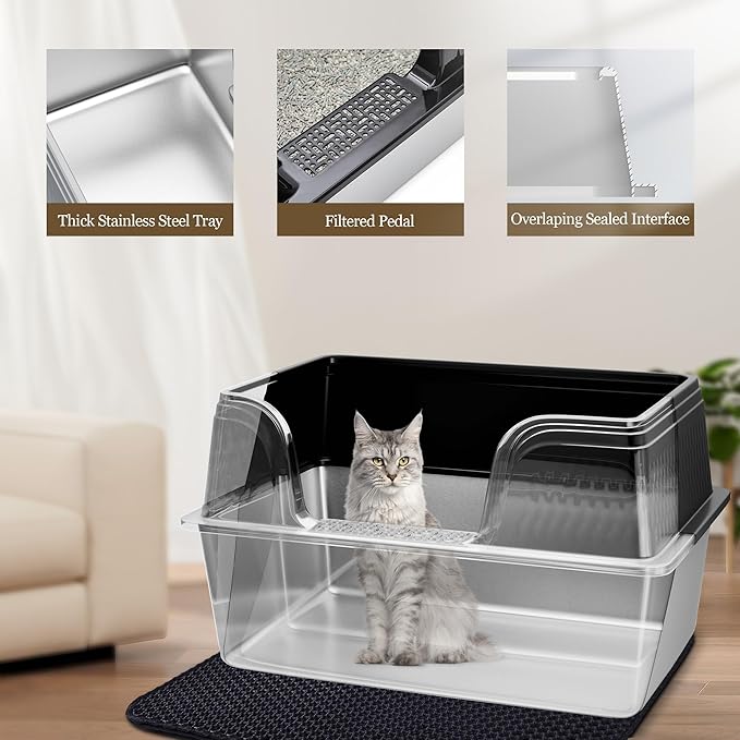 Vealind XXL Stainless Steel Cat Litter Box High Sided with Lid 23.7" L x 16" W x 12" H Side Entry Extra Large Metal Cat Litter Pan with Scoop and Mat for Big Cats Black