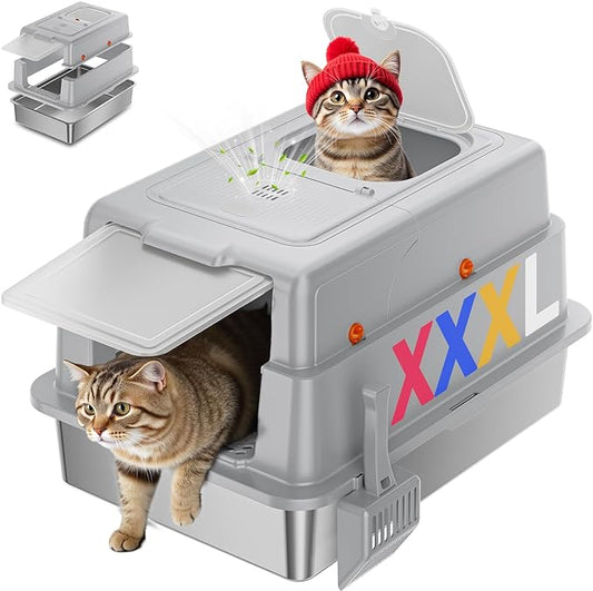 Stainless Steel Litter Box with Lid, 28" XXXL Large Cat Litter Box Enclosure for Multiple Cats, Odor Control with Carbon Filters, Anti-Leak High Sided, Includes Removable Lid & Scoop Light Gray