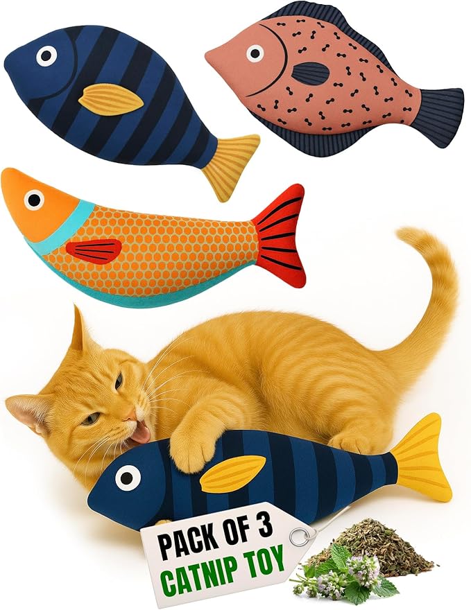 Tails & Tales Cat Toys Fish, Catnip & Crinkle Sound Plush, Bite-Resistant & Soft Interactive Toys for Indoor Cats & Kittens, Reduces Stress & Encourages Activity, Pack of 3