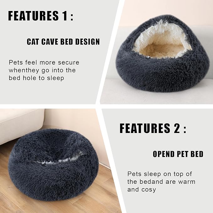 Cat Beds for Indoor Cats,Cat Cave for Puppy and Kitty,Calming Small Dog Bed for Small Dogs with Cover Cave,Cozy Warming Fluffy Washable Anti-Slip Pet Sleeping Bag(20 * 20inch,Dark Gray)