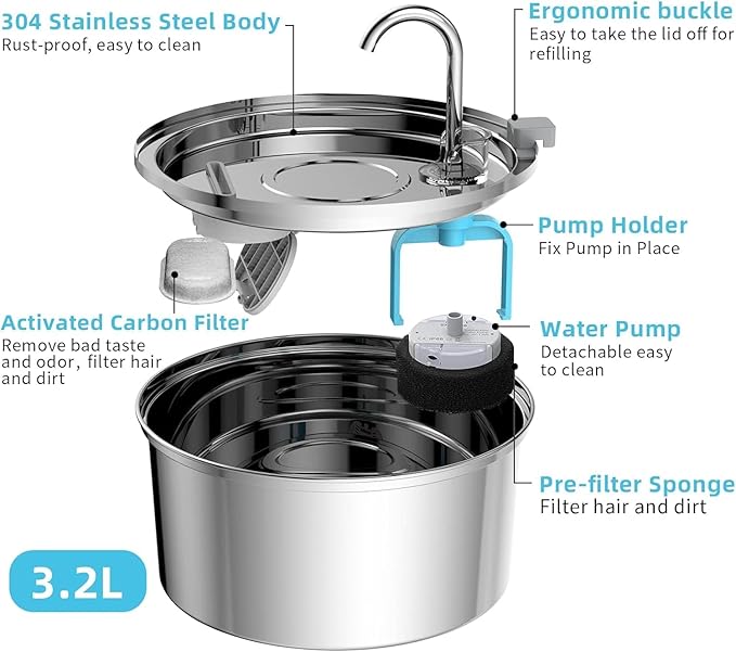 Tomxcute Cat Water Fountain Stainless Steel - 108oz/3.2L Cat Fountain for Drinking- Large Capacity Pet Water Fountain - Cat Feeding & Watering Supplies - Comes with 8 Replacement Filters