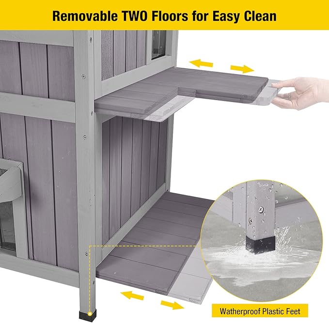 Aivituvin 2-Story Outdoor/Indoor Cat House - Solid Wood Kitty Condo with Escape Door, Removable Floors, Weatherproof Asphalt Roof & Sun Balcony