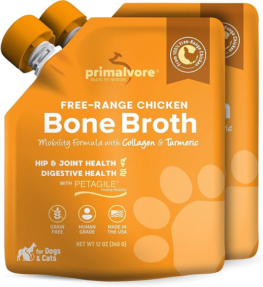 Primalvore Free-Range Bone Broth for Dogs &Cats, Mobility Formula w/Collagen Peptides to Help Support Hip & Joints, Digestion, Skin & Coat and Hydration, Human Grade, Made in USA. Chicken 2 Pack