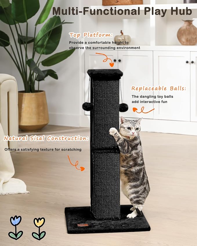 Cat Scratching Post, 33Inch Tall Cat Scratch Post for Indoor Cats Adults and Kitten, Sisal Cat Scratcher with Hanging Balls (Black)
