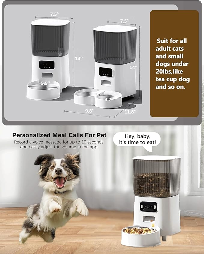 Automatic Cat Feeder 2 Cats with Camera, 5L Dual Pet Auto Timed Electric Smart APP Food Feeding Dispenser (White, 2 Bowls)
