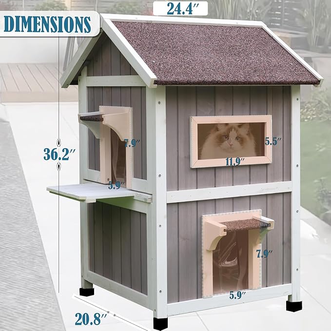 Rockever Outdoor Cat House, 2 Story Outdoor Houses for Feral Cats Wooden Outside Cat Shelter Weatherproof with Escape Door