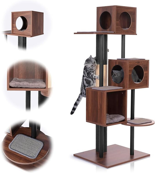 Modern Cat Tree-Sleek Wooden Furniture-Style Tower(60") Blends with Home Decor, Tallest Scratching Post(48"), 3 Cat Condos for Multi-Cat Harmony & Comfort