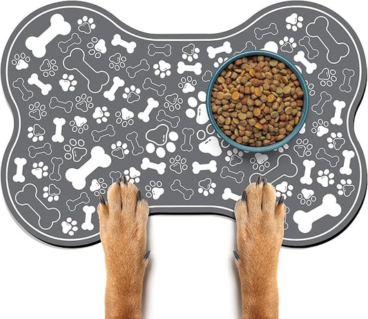 Dog & Cat Food Mat Bone Shaped Pet Feeding Mat Quick Absorb Water Bowl Placemat with Rubber Backing Indoor Floor Stain Resistant Pet Accessory Supplies (Dark Gray, 16x24 Inches)