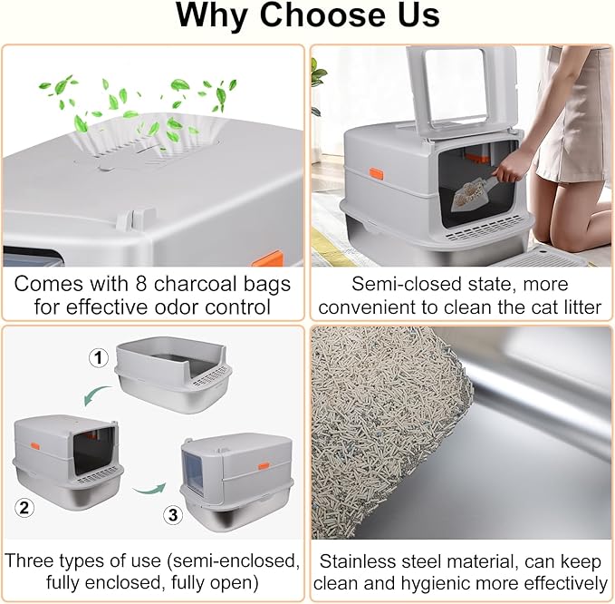 ELEGX Odor-Control Stainless Steel Cat Litter Box,XL Large 4-in-1 Cat Metal Litter Box Set,Enclosed Removable Metal Litter Box with High Sided Enclosure, Mat & Scoop,Extremely Easy to Clean