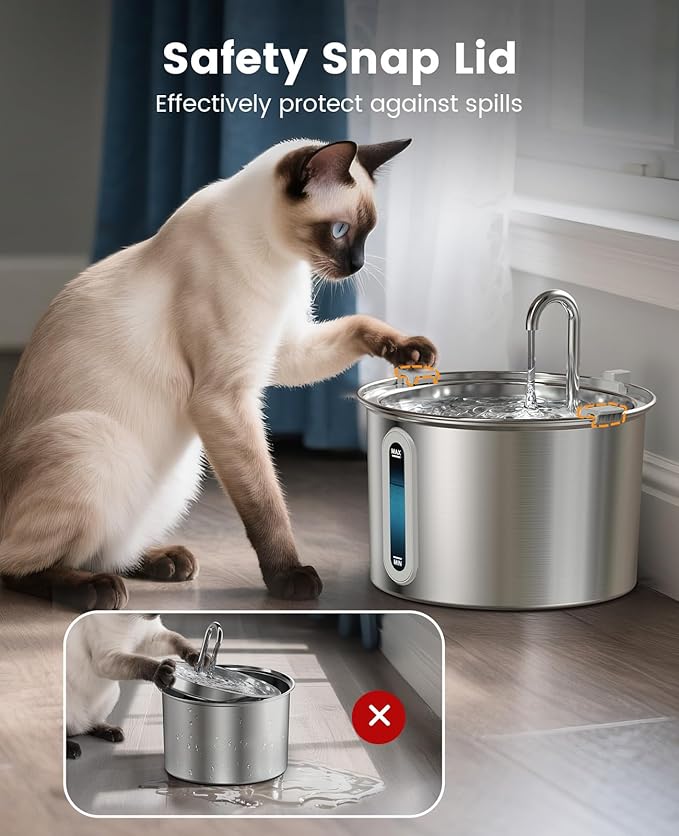 oneisall 2L Stainless Steel Cat Water Fountain with Snap, Anti-Spill Cats Water Fountains with Quiet Pump,Continuous Fresh Water Supply,Pet Water Fountain for Single Kitty & Small Pets