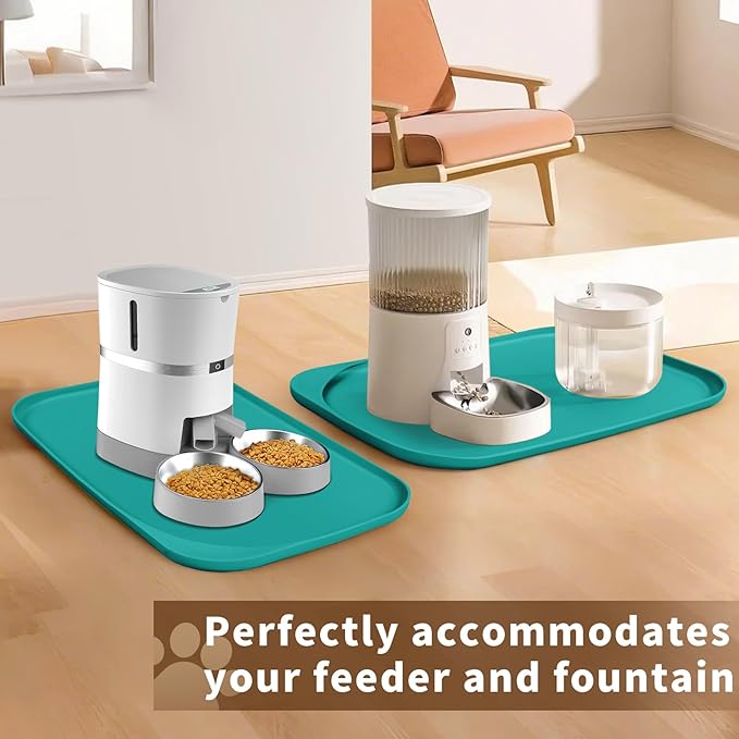 Silicone Pet Feeding Mat with Raised Edge & Residue Collection Pocket for Food and Water, Dog Bowl Mats, Cat Bowls Placemat with High Lip for Floor Waterproof, 19 x 12 x 0.7 Dark Turquoise