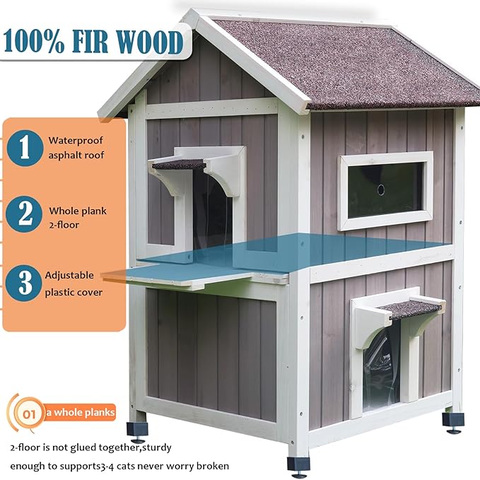 Rockever Outdoor Cat House, 2 Story Outdoor Houses for Feral Cats Wooden Outside Cat Shelter Weatherproof with Escape Door