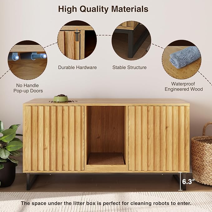 Cat Litter Box Enclosure for 2 Cats, 47.6’’ Litter Box Furniture Hidden with Scratch Pad, Double Room Large Cat Cabinet, Indoor Pet House TV Stand Side Table,Cats Washroom, Natural