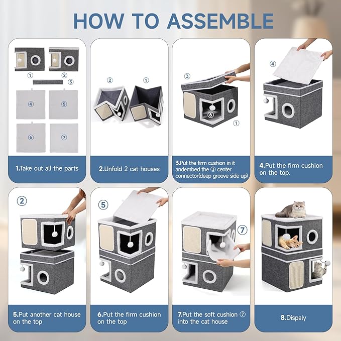 2-Storey Cat House for Indoor Cats, Separate Into 2 Large Cat Bed Cave with Hideaway Condos, Scratch Pads, Hanging Balls, Foldable Indoor Cat House Hold Up to 30LBS, Cat Cube for Multiple Cats Kitten