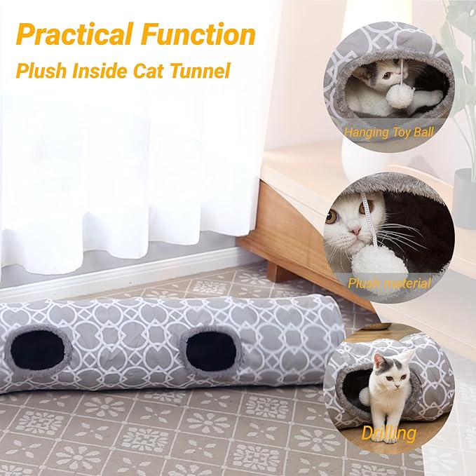 LUCKITTY Geometric Straight Cat Tunnel with Plush Inside,Cats Toys Collapsible Tunnel Tube with Balls, for Rabbits, Kittens, Ferrets,Puppy, Diameter 9.8 Inch