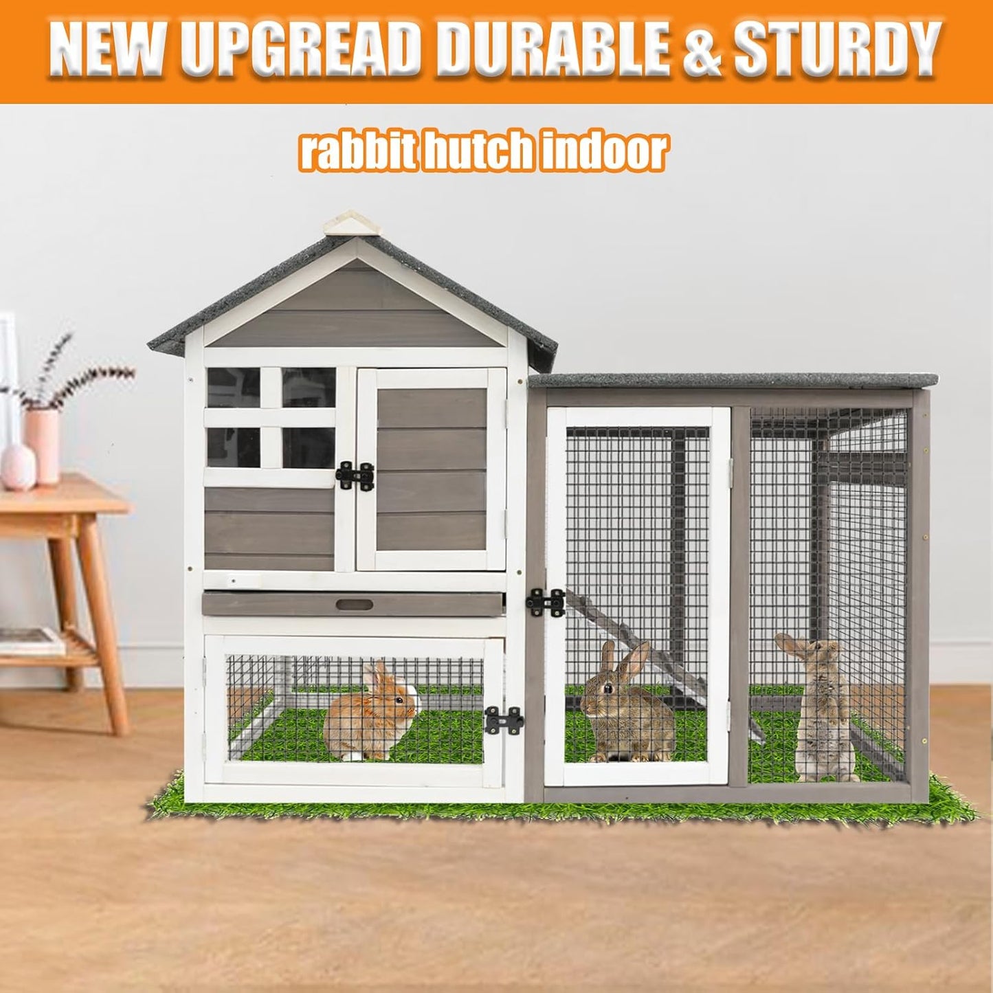 Rabbit Hutch-Indoor Outdoor Rabbit Hutch with Pull Out Tray Large Rabbit Hutch FirWood Bunny Hutch Indoor Guinea Pig Cages Waterproof Asphalt Roof, GREYWHITE, RAB HUTCH#17 (RAB17)