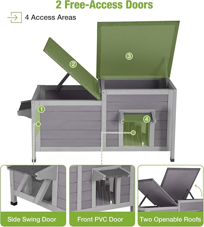 GUTINNEEN Outdoor Cat House Weatherproof, Large Cat Shelter with Openable Roofs, Feral Kitty Shelter with Elevated Base, PVC Curtain