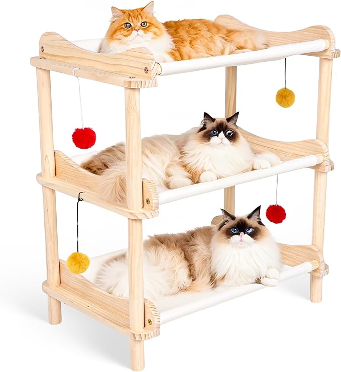 Large 3-Layer Cat Hammock Bed, 24"x15.7"x26.8" Elevated Cat Bed with Pine Wood Frame, Breathable Washable Covers, Wooden Pet Furniture for Indoor Cats and Small Animals(White, 3-Tier)