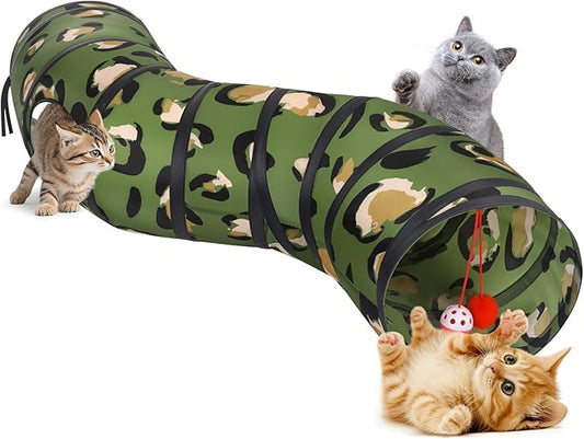 Pawaboo Cat Tunnel, S-Shaped Cat Tube Tunnel 25 * 97cm(9.8''*38.2'') with Balls and Bells, Collapsible Portable Kitten Play Tent Toy Interactive Cats House with Peep Holes for Kitty, Leopard Print