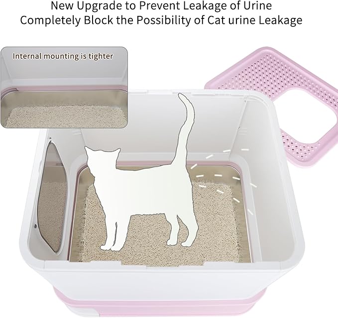 RIZZARI Stainless Steel Cat Box: Enclosed Design with High Walls - Pink - Large Litter Pan for Odor Control Indoors