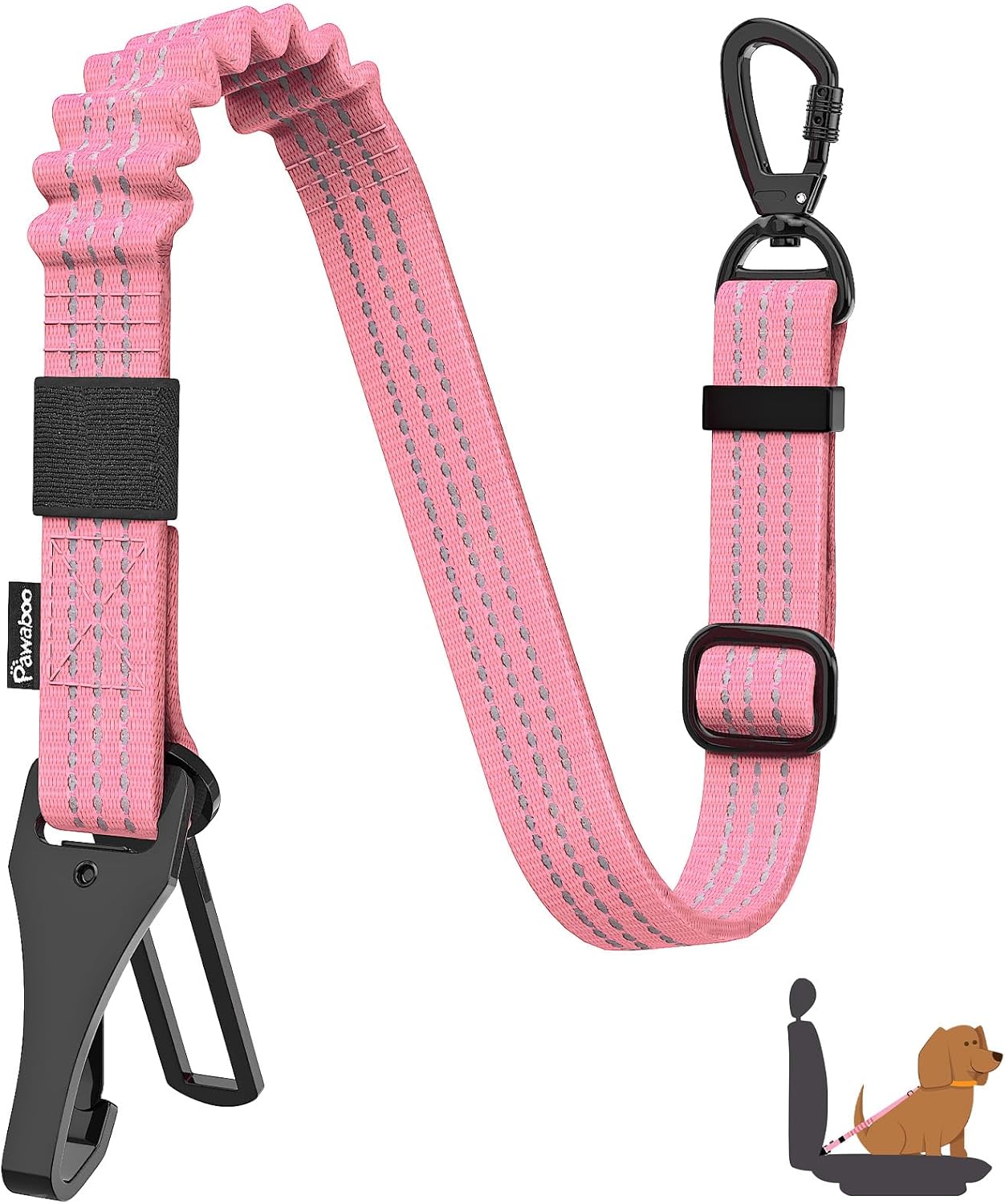 Pawaboo Dog Seatbelt for Car, 3-in-1 Dog Seat Belt Bungee, Shockproof Dogs Tether for Car with Buckle & Hook Latch, Adjustable Reflective Dogs Cars Harness Leash with 360° Lockable Buckle, Pink