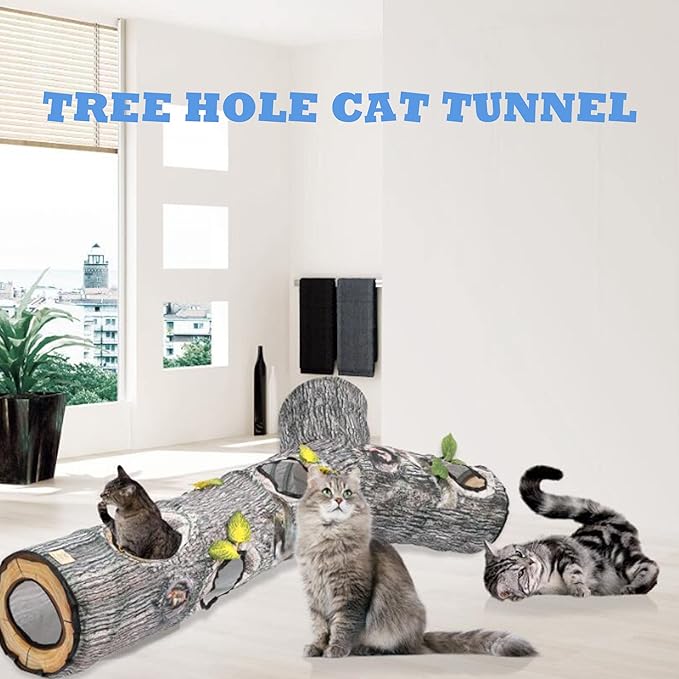Cat Tunnels for Indoor Cats, Tree Trunk Cat Tunnel Toys, Cat Stuff Accessories for Large Cats Kitten and Other Small Animals to Chase and Play, Foldable & Easy to Store, Cat Tube Toys L 59"