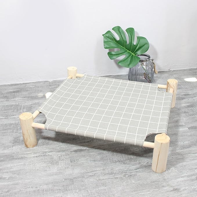 Pozico Elevated Cat Bed for Small Dogs & Cats – Raised Pet Hammock Bed, Wooden Frame Indoor Outdoor Dog Cot, Breathable Mesh Puppy Bed, Portable Cat Lounger – Grey Grid