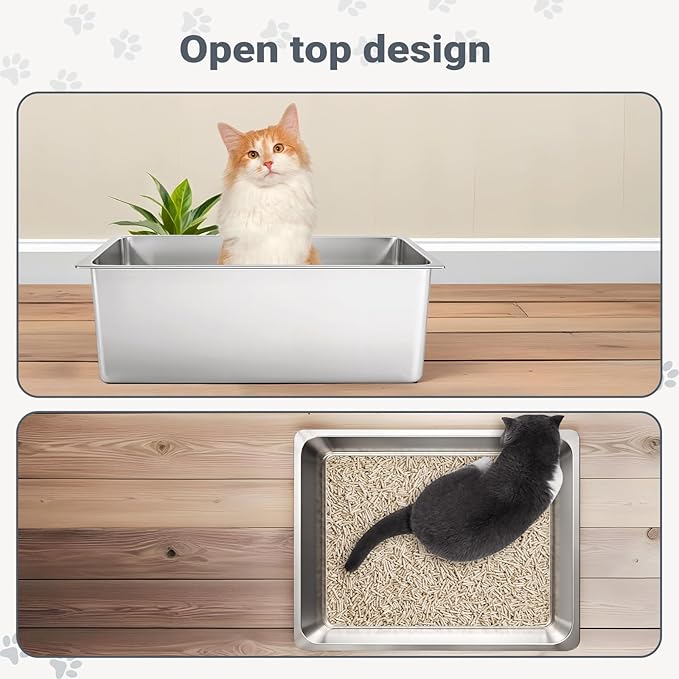 Kirecoo Stainless Steel Cat Litter Box, Small Metal High Sided Cat Pan Box, Indoor Litter Tray, Non Stick, No Smell, Easy to Clean, Pet Toilet Supplies for Cats