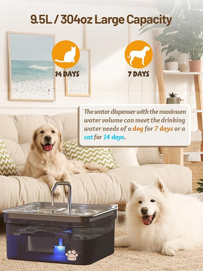 Kastty Dog Water Fountain for Large Dogs, 2.8Gal/10.5L Stainless Steel Cat Water Fountain, Super Quiet Smart Pet Water Fountain Automatic Dog Water Bowl Dispenser with LED Pump, Easy to Assemble Clean
