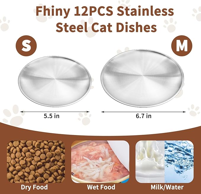 Fhiny 12 PCS Stainless Steel Cat Dish Set, 6.7" Wide Shallow Kitten Feeding Plate Replacement Basic Small Pet Bowl Metal Flat Dish for Stray Cats & Dogs