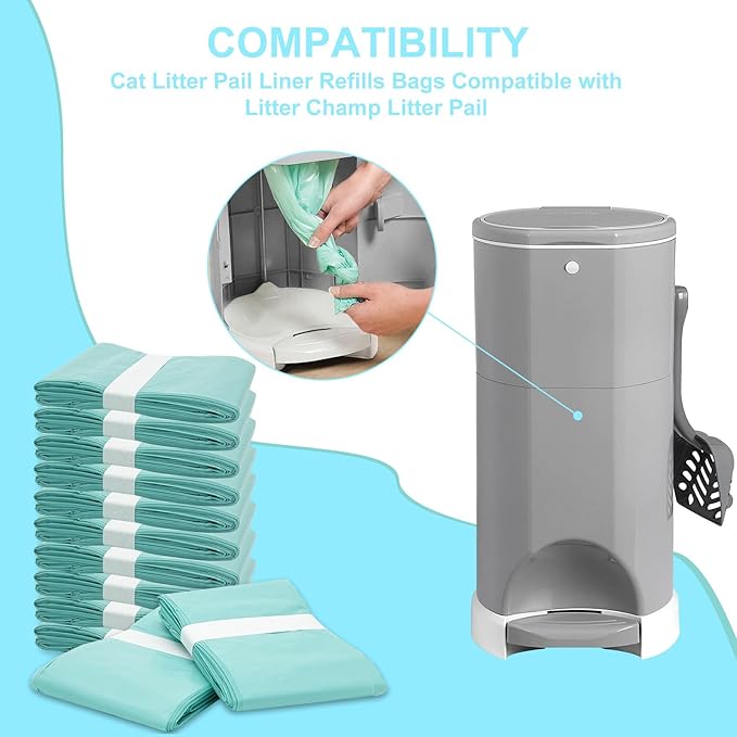 Cat Litter Pail Liner Refills Bags Compatible with Litter Champ Litter Pail, Green, Lightly Scented, 12 Pack