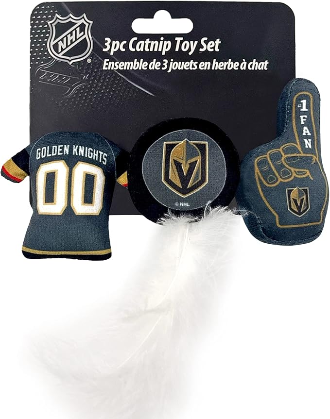 Best Plush CAT Toy NHL LAS Vegas Golden Knights Complete Set of 3 Piece Cat Toys Filled with Fresh Catnip. Includes: 1 Jersey Cat Toy, 1 Hockey Puck Cat Toy with Feathers & 1#1 Fan Cat Toy. Team Logo