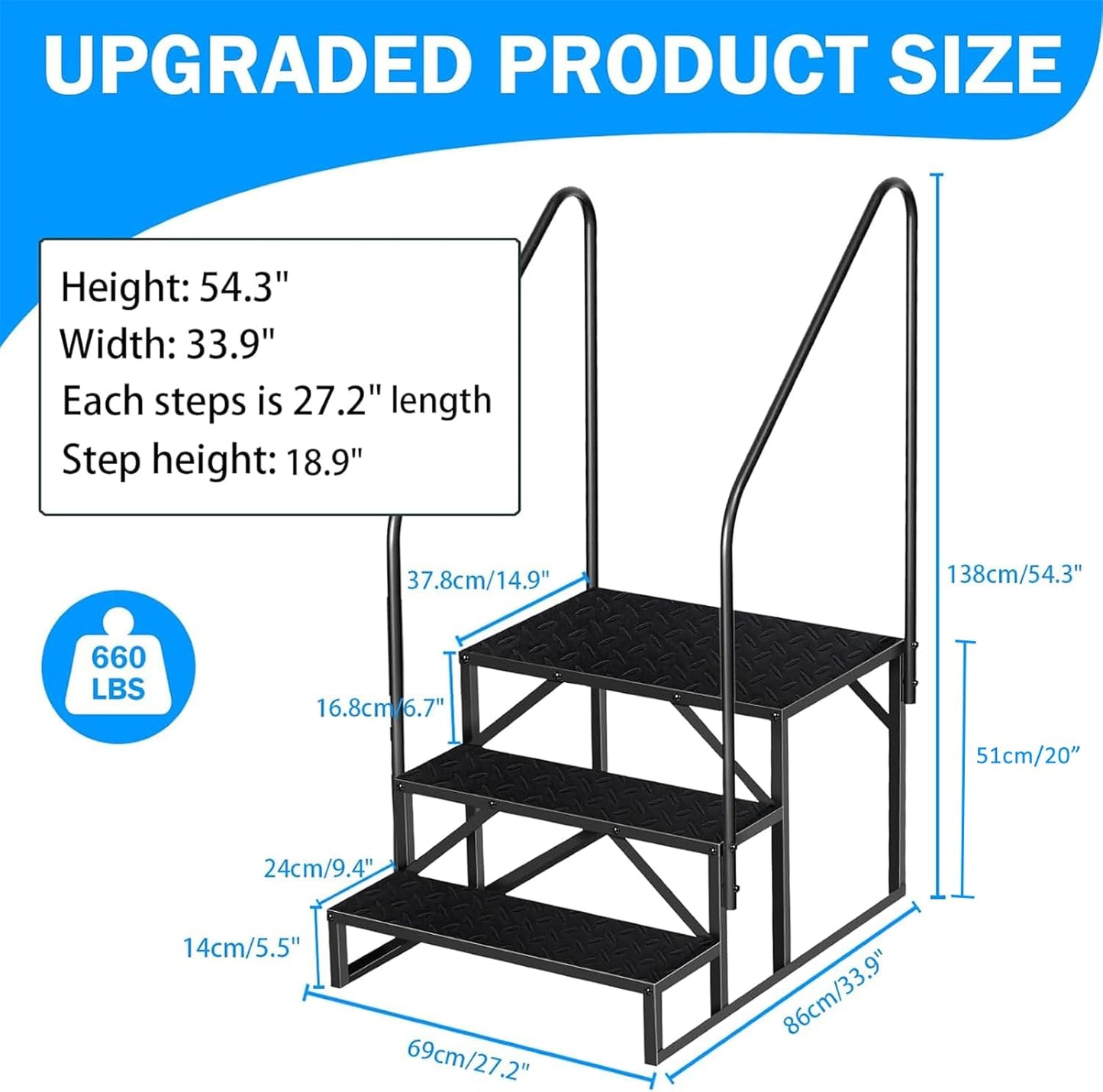 RV Step 3 Step Ladder, Upgrade RV Step with Handrails, Heavy Duty RV Stairs with Anti-Slip Pedal Hot Tub Steps, Removable Camper Step for Spa/Porch/Pet/Mobile Home（2 Handrails