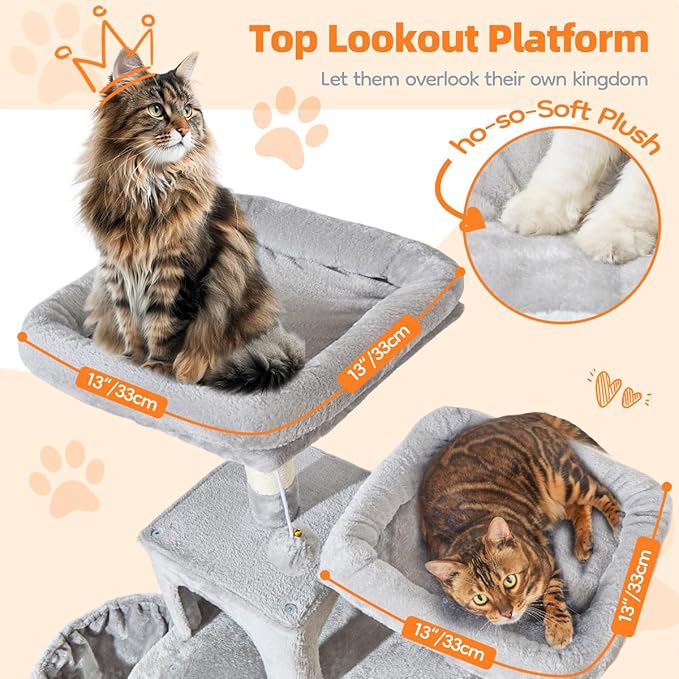 Taoqimiao Large Cat Tree，73-Inch Cat Tree Tower with 9 Scratching Posts for Indoor Cats, 2 Large Cat Condo with Hammock, Hanging Basket, 2 Extended Platform, Light Gray MS013XLW