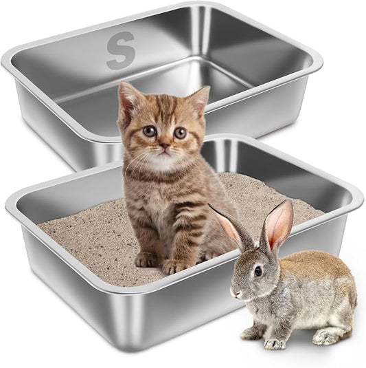Stainless Steel Litter Box for Kitten 2 Pack,15.7"×11.8"×4" Small Litter Box for Kittens Easy Entry, Non Odor, Easy to Clean, Metal Litterbox for Cat, Rabbit, Ferrets, Guinea Pigs