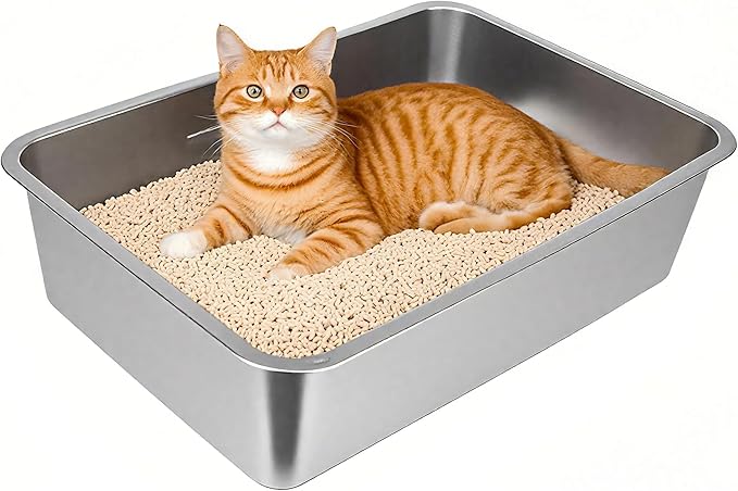 Stainless Steel Cat Litter Box, Medium Metal Litter Tray Pan Litterbox, Low Entry Stainless Steel Litter Box for Medium Cats, 19.7"Lx13.8"W x3.9"H, No Odor Absorption, Easy Clean, Rustproof, Leakproof