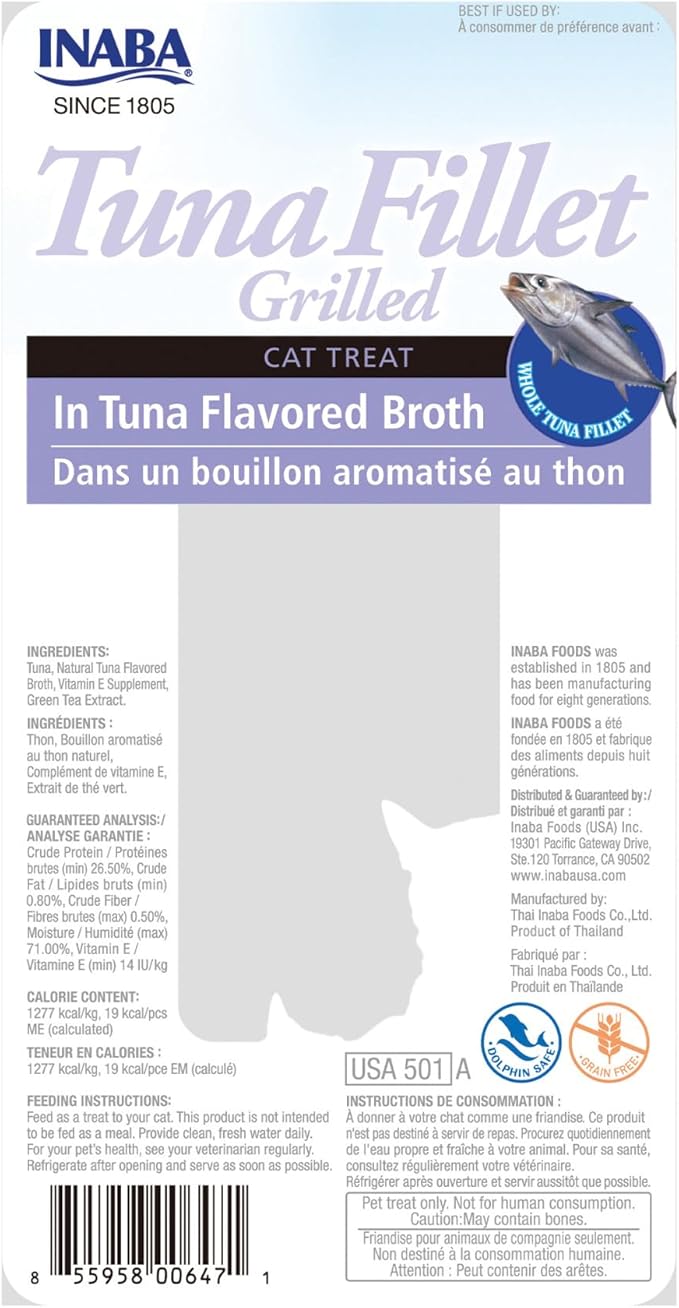 INABA Premium Hand-Cut Grilled Tuna Fillet Cat Treats/Topper with Vitamin E and Green Tea Extract, 0.52 Ounces Each, Pack of 6, Tuna Broth