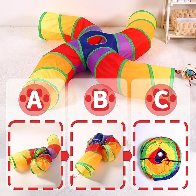 ‌Coolcandy Cat Tunnel & Interactive Cat Toy Indoor, Curved 4 Way Tunnel Toys for Indoor Cats, Collapsible Interactive Peekaboo Cave with Play Ball, for Multi-Way Play & Small Animals