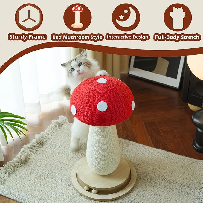 21‘’ H Cat Scratching Post,Cute Mushroom Cat Scratcher Post with Durable Solid Wood Turntable Toy,Mushroom Shape Design Cat Toy Cat Tree Scratcher for Indoor Cats