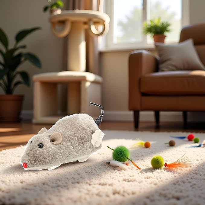 Brown Wind Up Plush Mouse - Mouse Hunting , Feathered Cat Toy, Interactive Wind Up Mouse for Cats Life Like Simulation, Plush Rats Mouse Chasing Interactive for Indoor Kitties Cat Mice and Animals