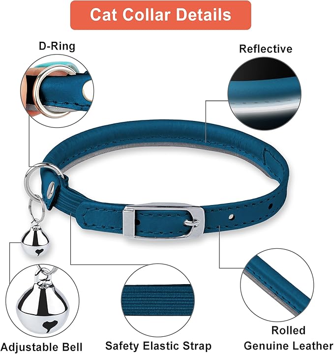 OOPSDOGGY Rolled Leather Cat Collar with Bell, Reflective Kitten Collars with Buckle Include Safety Elastic Strap - Adjustable Small Pet Collars for Boy Girl Cats (Blue)