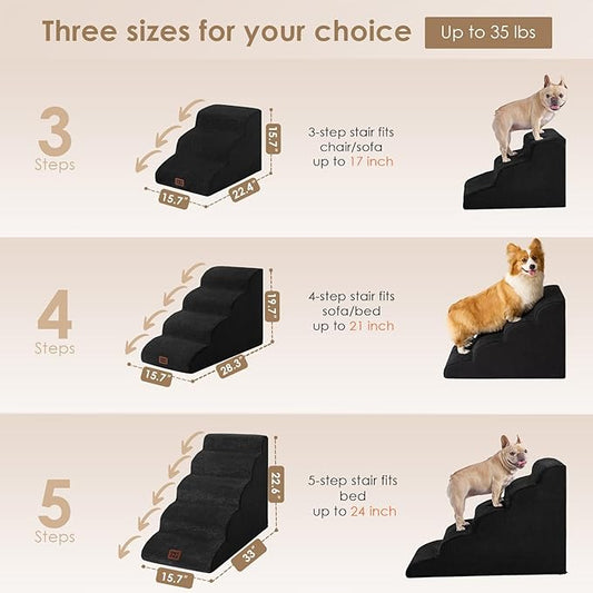 EHEYCIGA Curved Dog Stairs Ramp for Small Dogs 15.7" H, 3-Step Dog Steps for Couch Sofa and Chair, Pet Stairs for Cats, Non-Slip Balanced Pet Steps Indoor, Black