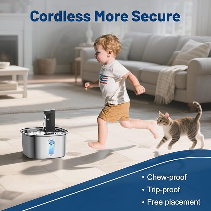 Wireless Cat Water Fountain Stainless Steel 304 + 4 Filters 108oz 3.2L 5000mah Rechargeable Battery Operated Cat Water Fountain Cordless, Automatic Pet Water Dispenser with Motion Sensor for Cats Dogs