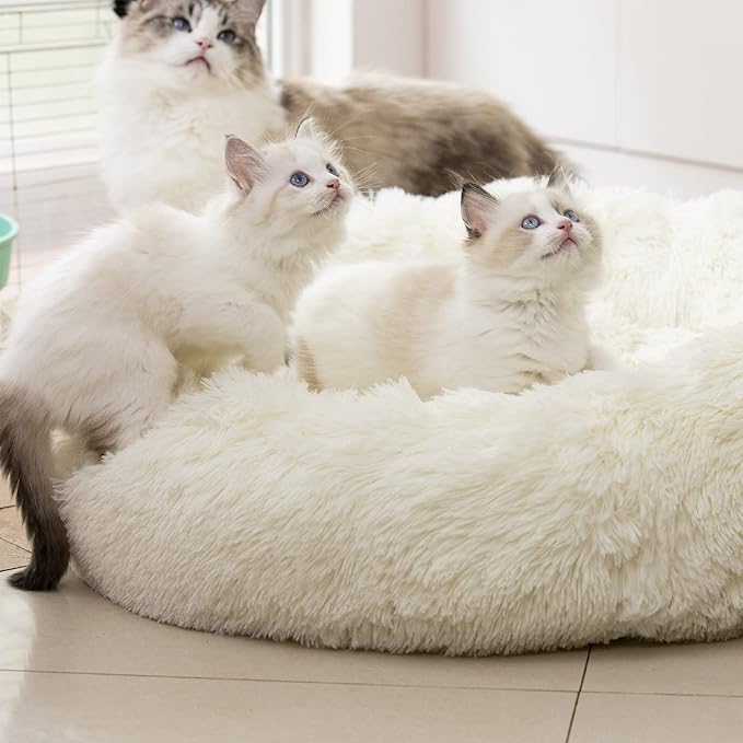 Anti Anxiety Round Fluffy Plush Faux Fur Warm Washable Dog Bed & Cat Bed, Original Bed for Small Medium Large Pets,Used to Relieve Joints and Improve Sleep（20"/24"/27''） (20", White)