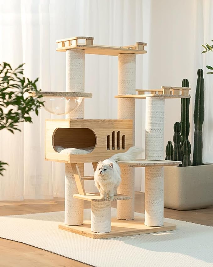 59'' Tall Wooden Cat Tree For Indoor Cats,Modern Cat Tower With Big House,Clear Bowl,Luxury Multi-Level Cat Climbing Frame With Climbing Ladder,Large Platform,Heavy Duty XXL Maine Coon Cat Tree