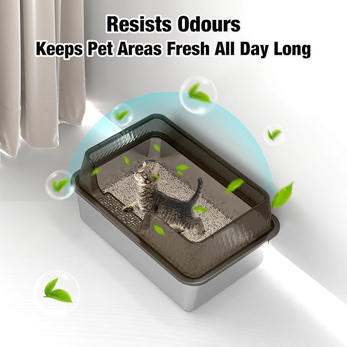 Suhaco Stainless Steel Litter Box Side Entry, Kitty Black Litter Mat and White Scoop Included Covered Metal High Sided Large Cat Litter Box with Lid Removable Enclosure for Medium Cats (Black)