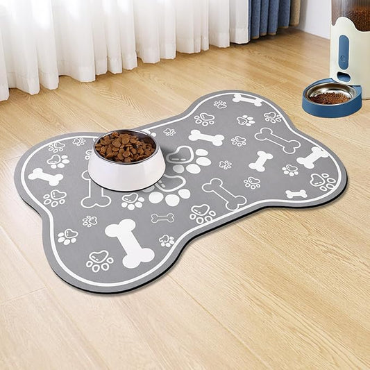 Dog Cat Food Mat, Rapid Absorbent Pet Feeding Placemat, Bone Shaped With Rubber Backing, No Stains Indoor, Pet Accessories Supplies 17"29" Grey